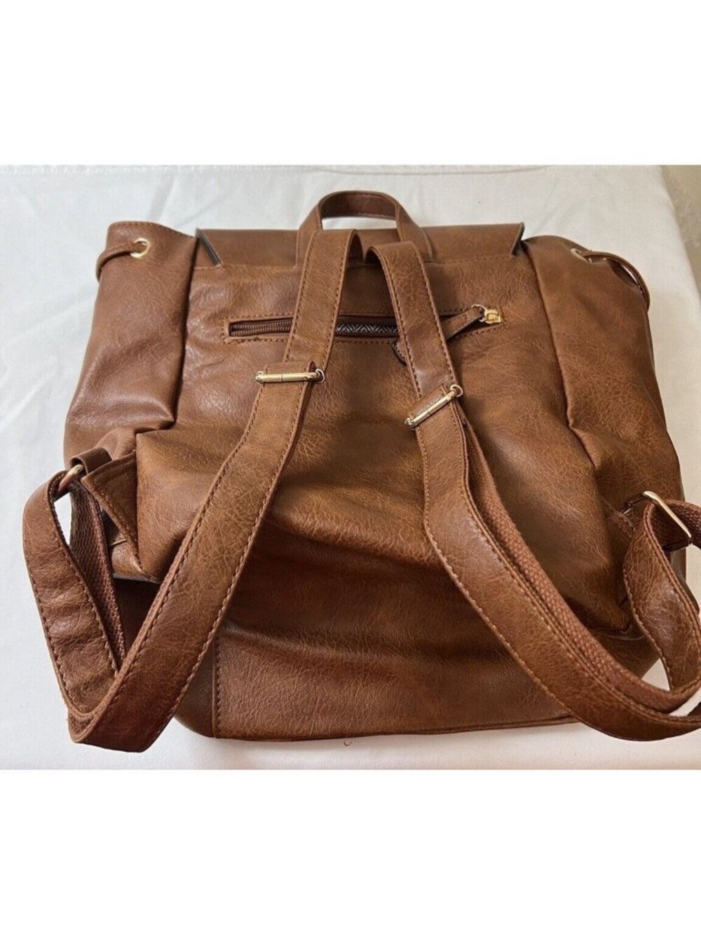 Brown Faux Leather Backpack With Top Handle & Adjustable Straps Multiple Zipper - Picture 5 of 5